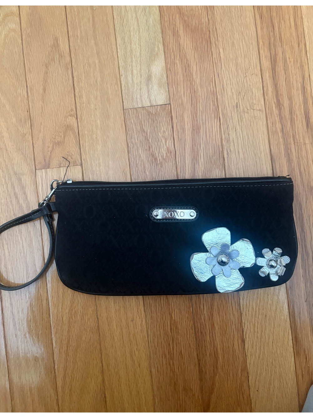 XOXO Black Wristlet Clutch with Silver Floral Detail